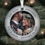 Any Text 2 Photo Silver 25th Wedding Anniversary Metal Tree Decoration<br><div class="desc">Celebrate a joyful 25th wedding anniversary with a custom 2 photo "Married 25 Years" round metal faux brushed silver Christmas ornament. All text and images on this template are simple to personalize and can be different or the same on front and back. (IMAGE & TEXT DESIGN TIPS: 1) To adjust...</div>