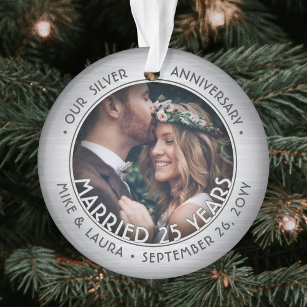 Any Text 2 Photo Silver 25th Wedding Anniversary Ornament