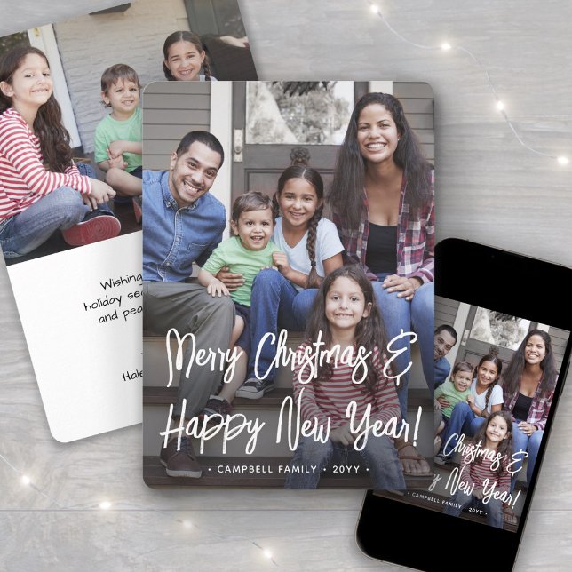 Any Text 2 Photo Simple White Brush Script Overlay Holiday Card (Creator Uploaded)