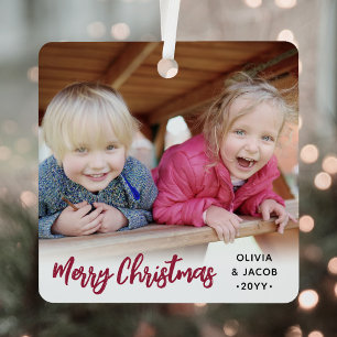 Any Text 2 Photo Trendy Brushed Red Script Metal Tree Decoration