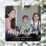Any Text 2 Photo Trendy Brushed White Script Metal Tree Decoration<br><div class="desc">Celebrate the simple joys of the holidays with a custom 2 photo overlay square metal ornament. Pictures and all text on this template are easy to customise and can be different or the same on front and back. It can include any wording, such as Merry Christmas, Happy Holidays, My First...</div>