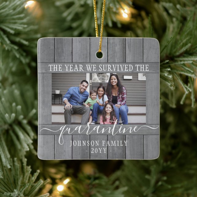 Any Text 2 Photo We Survived Quarantine Faux Wood Ceramic Ornament (Tree)