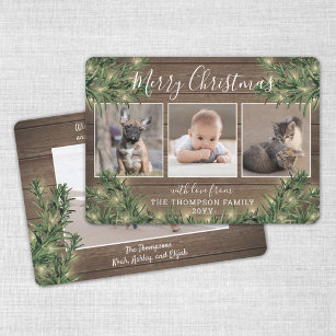 Any Text 4 Photo Rustic Wood Pine & String Lights Holiday Card