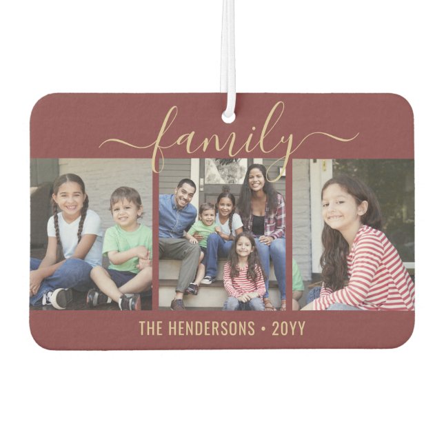 Any Text 4 Photo Script Family Burgundy and Gold Car Air Freshener (Front)