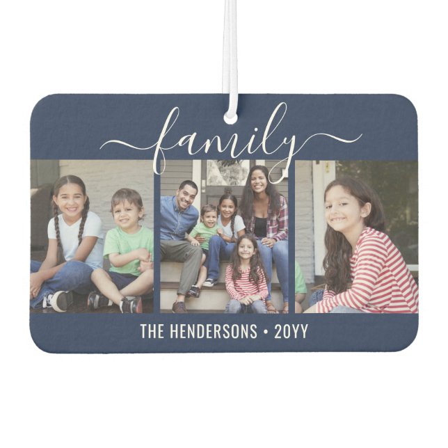 Any Text 4 Photo Script Family Navy Blue & White Car Air Freshener (Front)