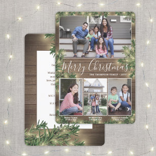 Any Text 4 Photos & Captions • Lights, Wood & Pine Holiday Card