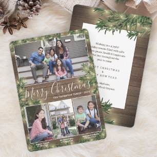 Any Text 4 Photos & Captions • Wood, Pine & Lights Holiday Card