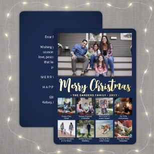 Any Text 9 Photo Collage Navy Blue Christmas Foil Holiday Card