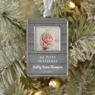 Any Text Baby Photo Rustic Grey Faux Wood My First Silver Plated Framed Ornament