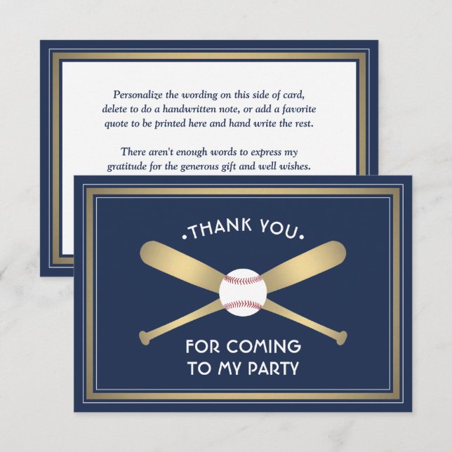 Any Text Baseball Theme Party Navy Blue White Gold Thank You Card (Front/Back)