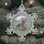 Any Text Best Dog Ever Simple Photo Grey Faux Wood Snowflake Pewter Christmas Ornament<br><div class="desc">Celebrate the simple joys of your furry family member with this custom photo and text round metal snowflake ornament. Wording and picture on this template are simple to personalise. (IMAGE & TEXT DESIGN TIPS: 1) To adjust position of wording, add spaces at beginning or end. 2) To centre the photo...</div>