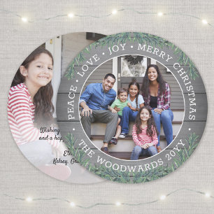 Any Text Christmas Greenery & Wood 2 Photo Round Holiday Card