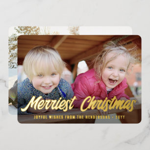 Any Text Elegant Script 2 Photo Merriest Christmas Foil Holiday Card