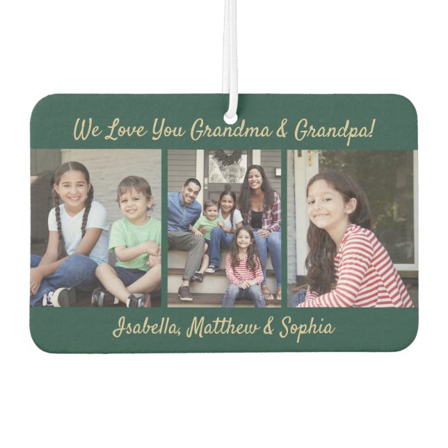 Any Text Family 4 Photo Collage Green and Gold Car Air Freshener (Front)