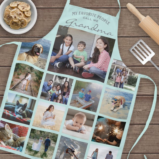 Any Text Family Photo Collage Grandma Teal Blue Apron (Creator Uploaded)