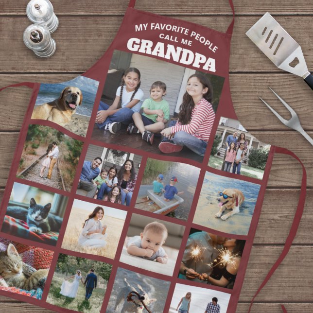 Any Text Family Photo Collage Grandpa Burgundy Red Apron (Creator Uploaded)