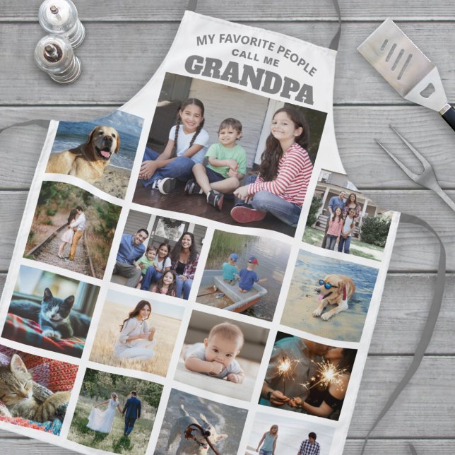 Any Text Family Photo Collage Grandpa Grey & White Apron (Creator Uploaded)