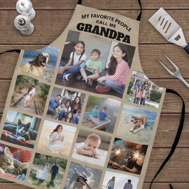 Any Text Family Photo Collage Grandpa Khaki Beige Apron (Creator Uploaded)