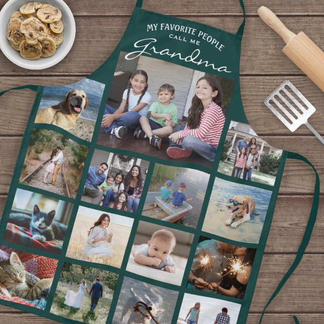 Any Text Family Photo Collage Grid Grandma Green Apron (Creator Uploaded)