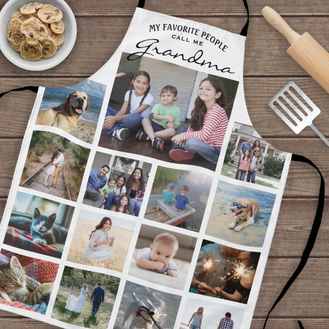 Any Text Family Photo Collage Grid Grandma White Apron (Creator Uploaded)