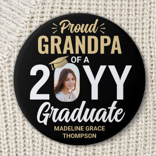 Any Text & Graduate Photo Proud Grandpa Black Gold 7.5 Cm Round Badge