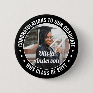 Any Text Graduation Photo Congrats Black and White 6 Cm Round Badge