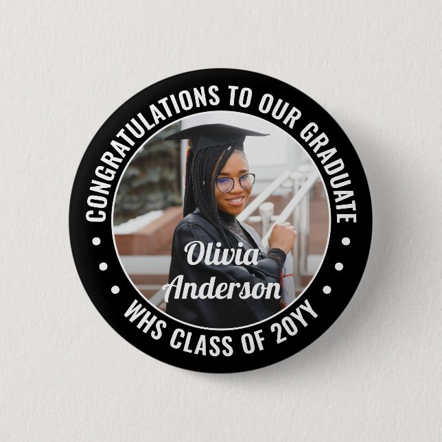 Any Text Graduation Photo Congrats Black and White 6 Cm Round Badge (Front)
