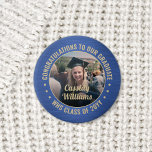 Any Text Graduation Photo Congrats Blue and Gold 3 Cm Round Badge<br><div class="desc">Say congratulations and show your pride for the graduate with cool customised photo buttons / badges. (IMAGE PLACEMENT TIP: An easy way to centre a photo exactly how you want is to crop it before uploading to the Zazzle website.) All text is simple to personalise with name, class year, school,...</div>