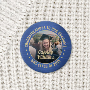 Any Text Graduation Photo Congrats Blue and Gold 3 Cm Round Badge