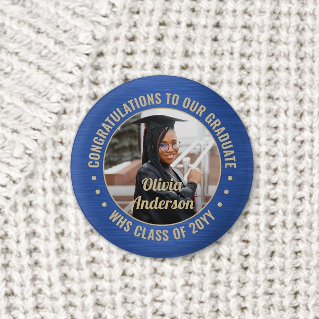 Any Text Graduation Photo Congrats Blue and Gold 3 Cm Round Badge (Creator Uploaded)