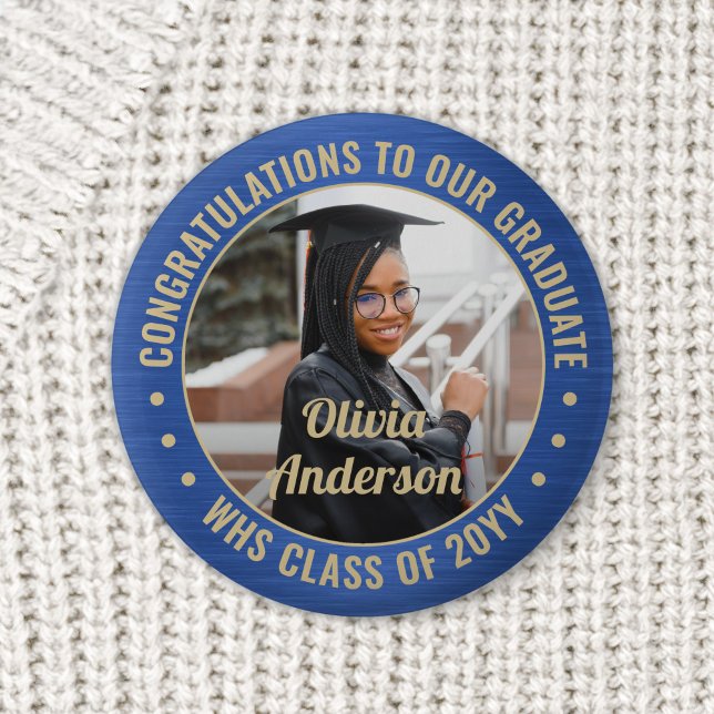 Any Text Graduation Photo Congrats Blue and Gold 6 Cm Round Badge (Creator Uploaded)