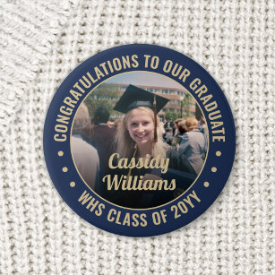 Any Text Graduation Photo Congrats Navy Blue Gold 6 Cm Round Badge