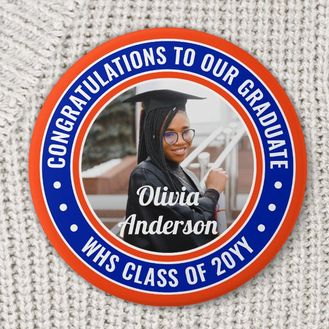 Any Text Graduation Photo Congrats Orange and Blue 7.5 Cm Round Badge (Creator Uploaded)