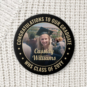 Any Text Graduation Photo Elegant Black and Gold 6 Cm Round Badge