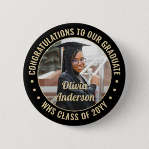 Any Text Graduation Photo Elegant Black and Gold 6 Cm Round Badge