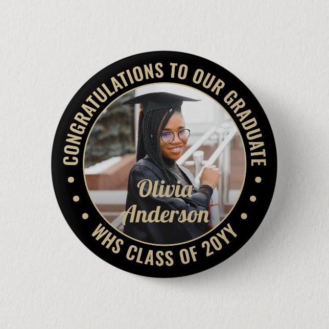 Any Text Graduation Photo Elegant Black and Gold 6 Cm Round Badge (Front)