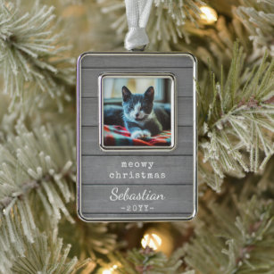 Any Text Meowy Christmas Cat Photo Grey Faux Wood  Silver Plated Framed Ornament