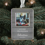 Any Text Meowy Christmas Cat Photo Grey Faux Wood  Silver Plated Framed Ornament<br><div class="desc">Celebrate the simple joys of your furry family member with a custom photo faux wood rectangular metal ornament. Text and kitten pictures on this template are simple to personalise. (IMAGE DESIGN TIP: To centre the photo exactly how you want, crop it into a square shape before uploading to the Zazzle...</div>
