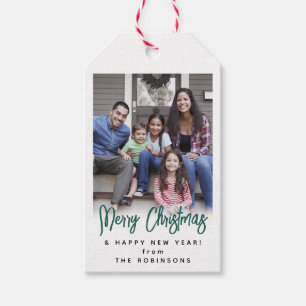 Any Text Modern Brushed Green Script & Photo Gift Tags