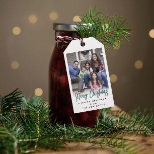 Any Text Modern Brushed Green Script & Photo Gift Tags