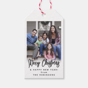 Any Text Modern Brushed Script Photo Black & White Gift Tags