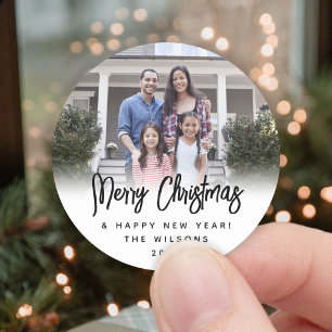 Any Text Modern Script Christmas Photo Black White Classic Round Sticker