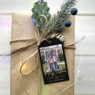 Any Text Modern Script Simple Photo Black and Gold Gift Tags