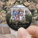 Any Text Modern Script Simple Photo Black & Gold Classic Round Sticker<br><div class="desc">Add a stylish finishing touch to Christmas gifts, holiday cards and party favours with modern custom photo round stickers / envelope seals. The picture and all text on this template are simple to personalise with any wording, such as Merry Christmas, Happy Holidays, Seasons Greetings, or Happy New Year. As an...</div>