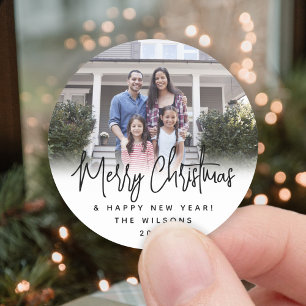 Any Text Modern Script Simple Photo Black & White Classic Round Sticker