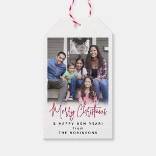 Any Text Modern Simple Script & Photo Festive Red Gift Tags