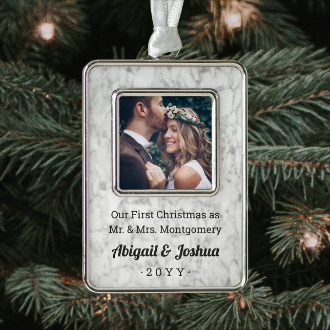 Any Text Newlyweds Photo Faux Marble First Married Silver Plated Framed Ornament (Creator Uploaded)