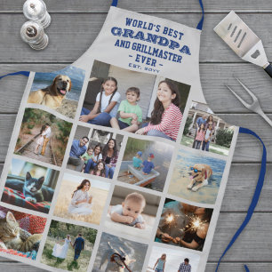 Any Text Photo Collage Best Grandpa Ever Blue Grey Apron