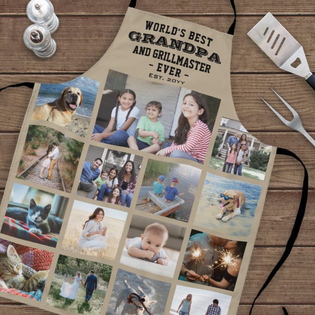 Any Text Photo Collage Best Grandpa Ever Khaki Apron (Creator Uploaded)