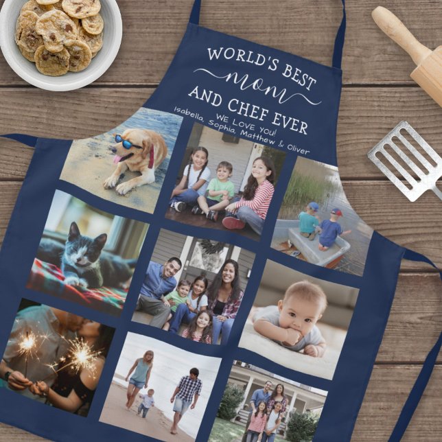 Any Text Photo Collage Best Mum Navy Blue & White Apron (Creator Uploaded)